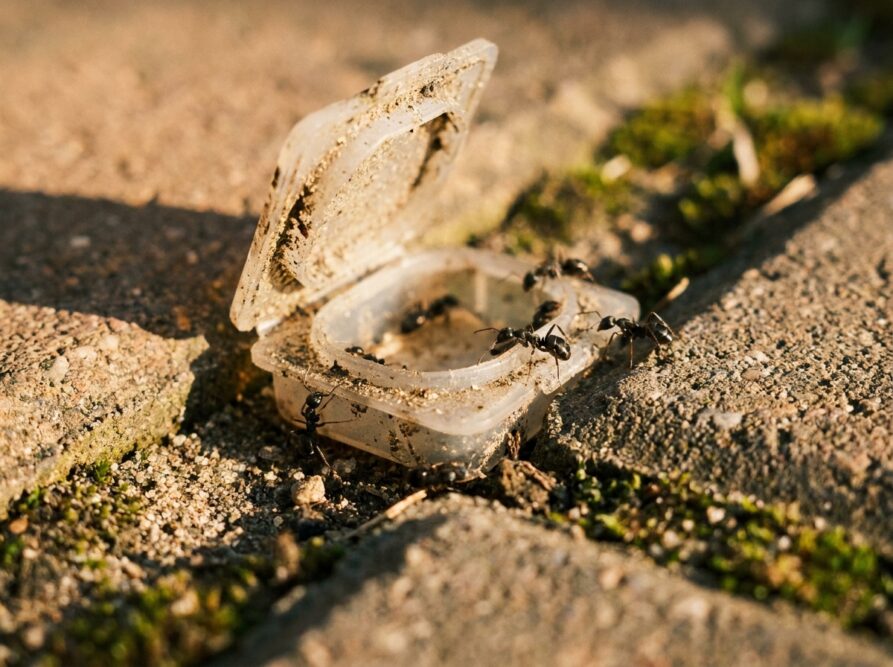 Kleine Köderdose für Ameisen liegt in einer Terrassenfuge, Ameisen laufen hinein