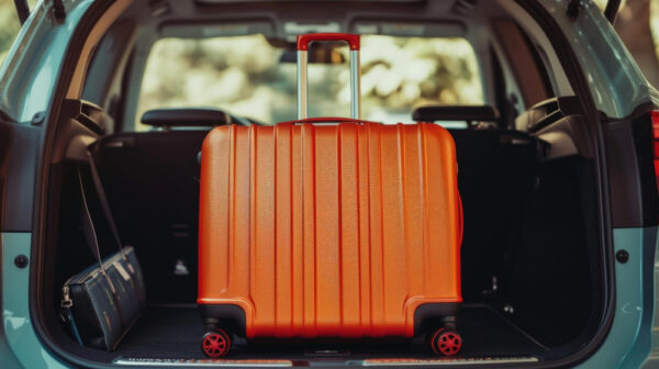 Orangefarbener Koffer steht im geöffneten Kofferraum eines Autos