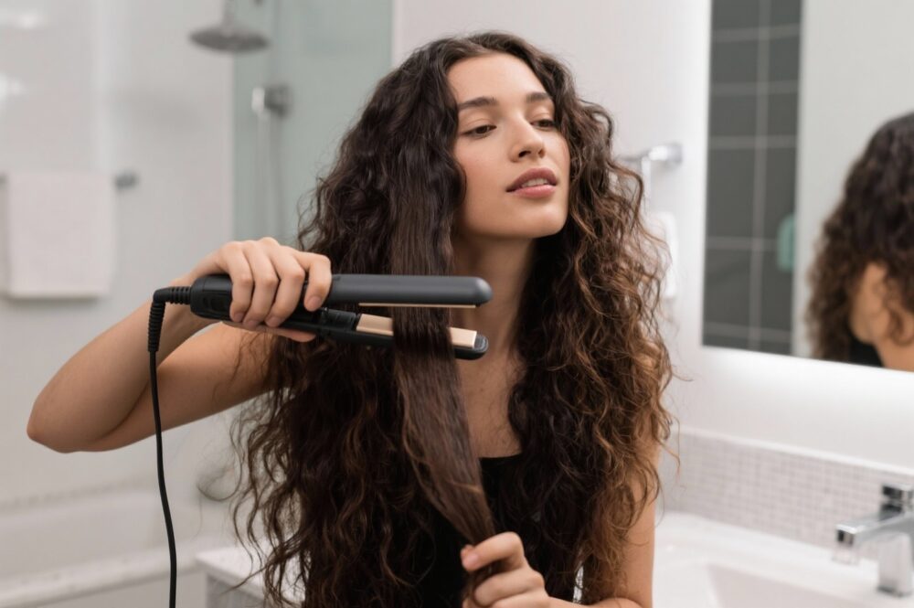 krausige haare glätten mit dem glätteisen - frau glättet eine strähne im bad vor dem spiegel