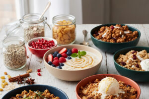 Verschiedene Müsli- und Granola-Schalen mit Joghurt, Porridge, Beeren und knusprigen Toppings, daneben Gläser mit Kernen - kreative Ideen für Müsli auf einem rustikalen Holztisch.