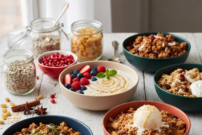 Verschiedene Müsli- und Granola-Schalen mit Joghurt, Porridge, Beeren und knusprigen Toppings, daneben Gläser mit Kernen - kreative Ideen für Müsli auf einem rustikalen Holztisch.