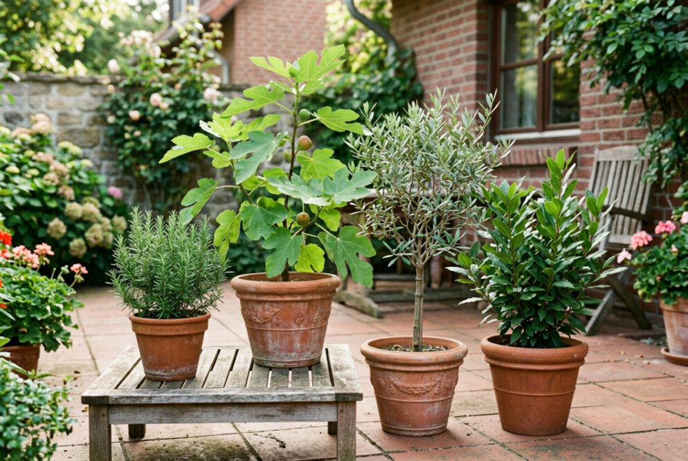 Kübelpflanzen aus dem Winter holen: Kübelpflanzen in Terrakotta-Töpfen stehen im Frühling auf der Terrasse: Rosmarin, Feige, Olive und Lorbeer.