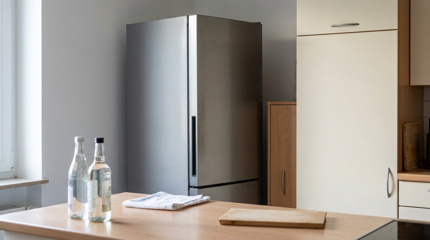 Silbergrauer Kühlschrank neben Küchenmöbeln und zwei nah beieinanderstehenden Glasflaschen auf der Arbeitsplatte