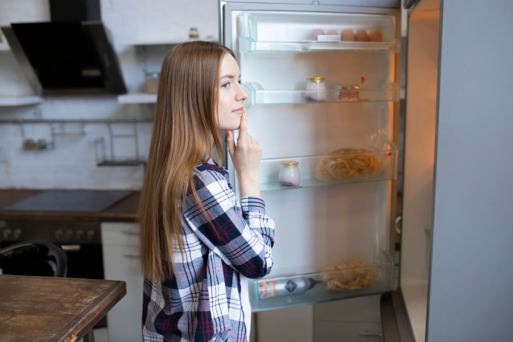 Junge Frau steht vor einem halb leeren Kühlschrank und überlegt, wie sie Reste verwerten kann