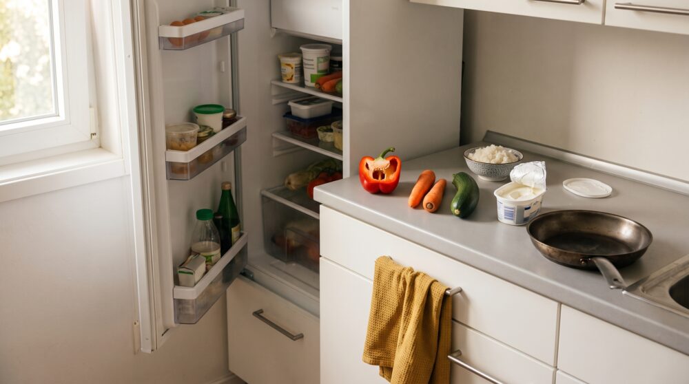Der Kühlschrank ist voll, aber nichts passt zusammen – was kannst du daraus kochen? in einer natürlichen Alltagsszene