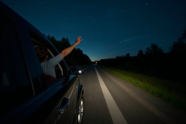 Ein Auto fährt nachts über eine ruhige Landstraße in Deutschland. Eine Person streckt den Arm aus dem heruntergelassenen Fenster in Richtung des dunklen Himmels, an dem vereinzelt Sterne zu sehen sind. Die Szene vermittelt ein Gefühl von Freiheit, Sommerstimmung und entspanntem Late-Night-Drive.