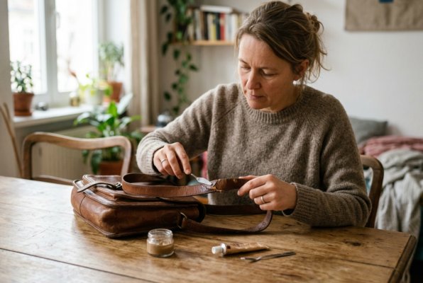 Jemand repariert einen Riss in einer braunen Ledertasche an einem Holztisch.