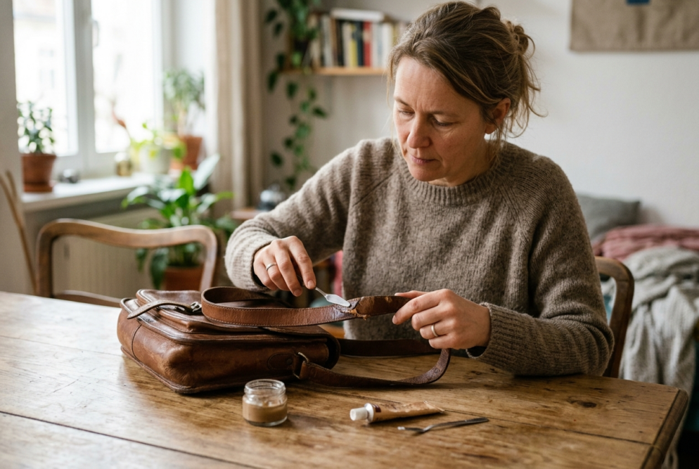 Jemand repariert einen Riss in einer braunen Ledertasche an einem Holztisch.