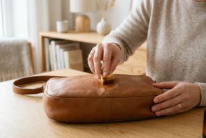 Lederfarbe wird mit einem Schwamm aufgetupft