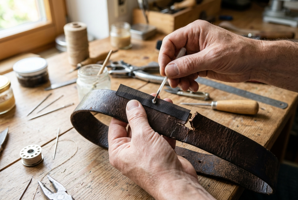 Ein Stück Stoff wird zur Verstärkung hinter einen Riss im Ledergürtel geklebt