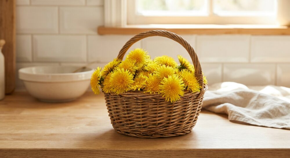 Ein kleiner Weidenkorb gefüllt mit leuchtend gelben Löwenzahnblüten steht auf einer hellen Holzarbeitsplatte in einer Küche.