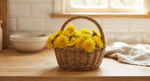 Ein kleiner Weidenkorb gefüllt mit leuchtend gelben Löwenzahnblüten steht auf einer hellen Holzarbeitsplatte in einer Küche.