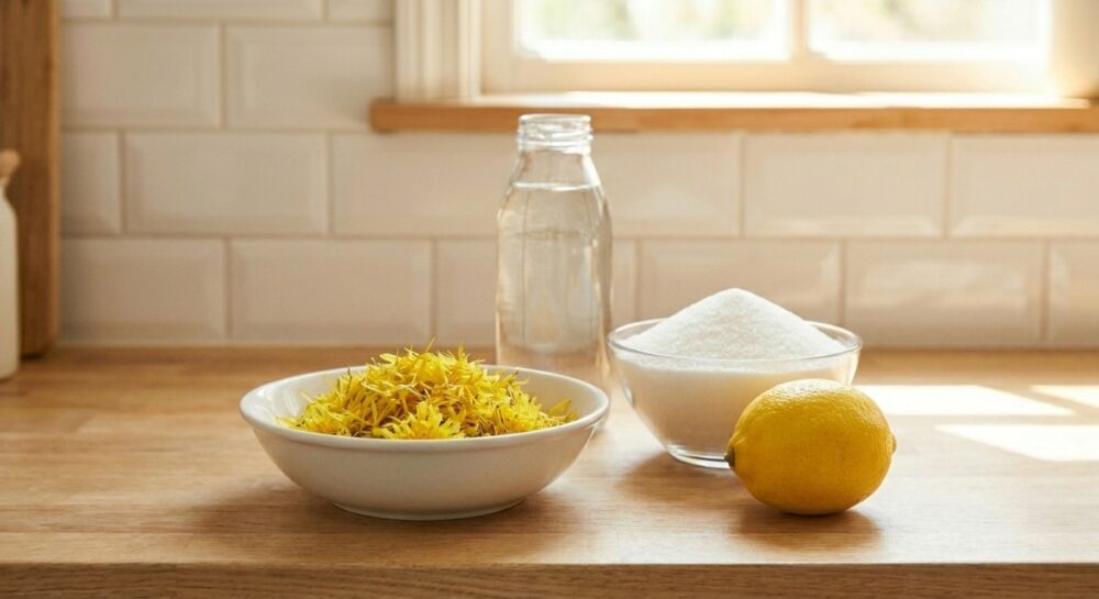 Die Zutaten für Löwenzahnhonig: gezupfte Blüten, Wasser, Zucker und eine Bio-Zitrone, auf einer Holzarbeitsplatte arrangiert.