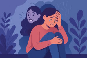 Weinende Frau sitzt mit angezogenen Knien, im Hintergrund lächelndes Gesicht derselben Person