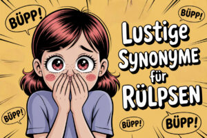 Cartoon-Mädchen hält sich erschrocken die Hände vor den Mund, umgeben von Sprechblasen mit dem Wort „Büpp“ und dem Text „Lustige Synonyme für Rülpsen“.