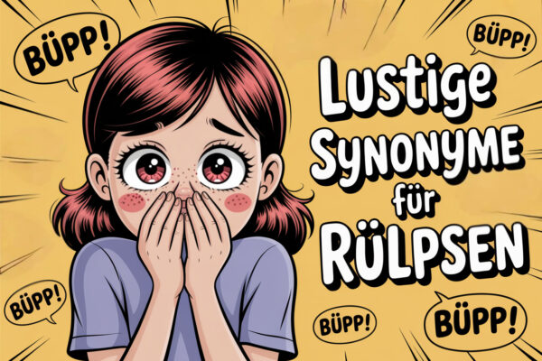 Cartoon-Mädchen hält sich erschrocken die Hände vor den Mund, umgeben von Sprechblasen mit dem Wort „Büpp“ und dem Text „Lustige Synonyme für Rülpsen“.