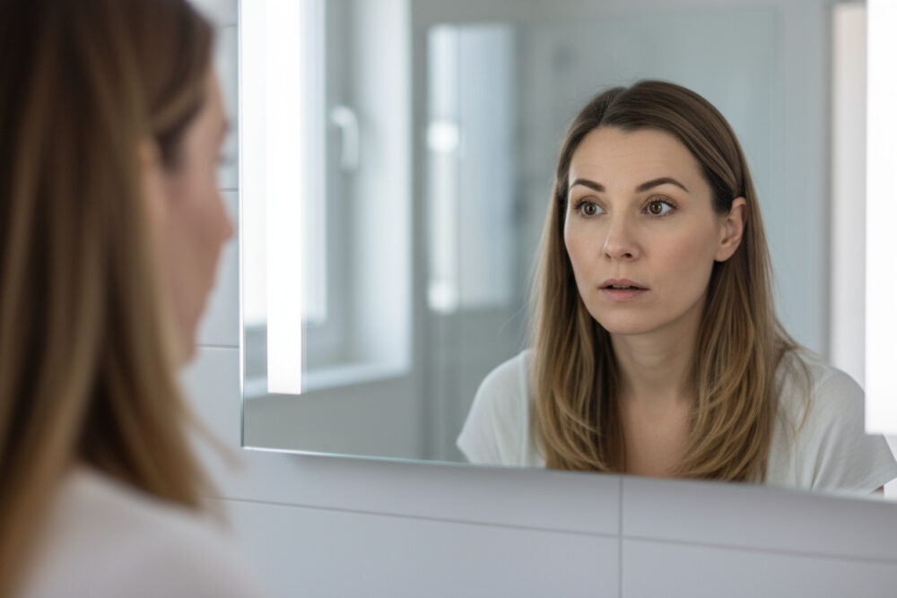 Frau blickt nachdenklich in den Badezimmerspiegel, ihr Make-up wirkt leicht abgesetzt - Symbol für das Problem, dass sich Foundation in Fältchen absetzt.