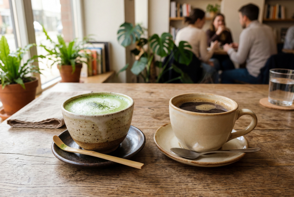 Tasse Matcha und Tasse Kaffee auf einem Holztisch im Café