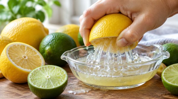 Hand presst eine halbierte Zitrone auf einer Glas-Zitruspresse aus, daneben liegen Zitronen und Limetten