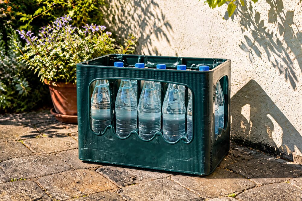 Mineralwasserkiste mit PET-Flaschen steht draußen in der Sonne