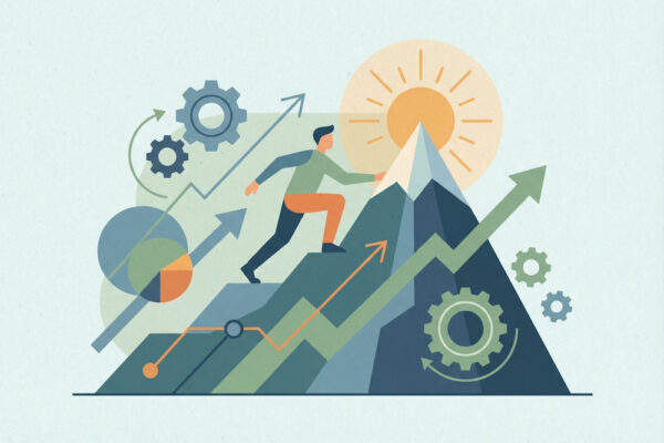 Motivation nach dem Jahreswechsel: Illustration mit Person, die einen Berg erklimmt, dazu Pfeile, Diagramm-Linien und Zahnräder als Symbol für Vorsätze und Fortschritt.