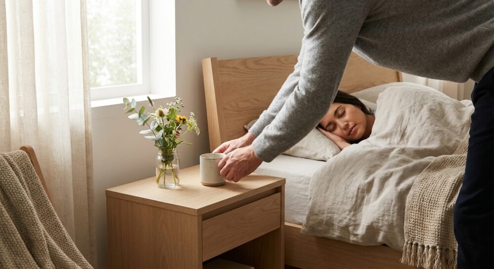 Ein Mann stellt eine Tasse Kaffee und einen kleinen Blumenstrauß auf einen Nachttisch neben einer schlafenden Frau in einem gemütlichen Schlafzimmer, als Geste der Wertschätzung.