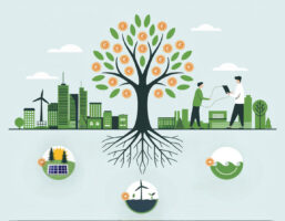 Baum mit Münzen als Blättern, grüne Stadt und Symbole für erneuerbare Energien – nachhaltige ETFs im Fokus.