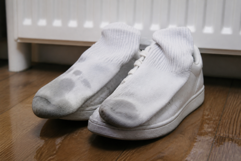 Feuchte weiße Socken liegen über nassen Sneakern auf einem Holzboden