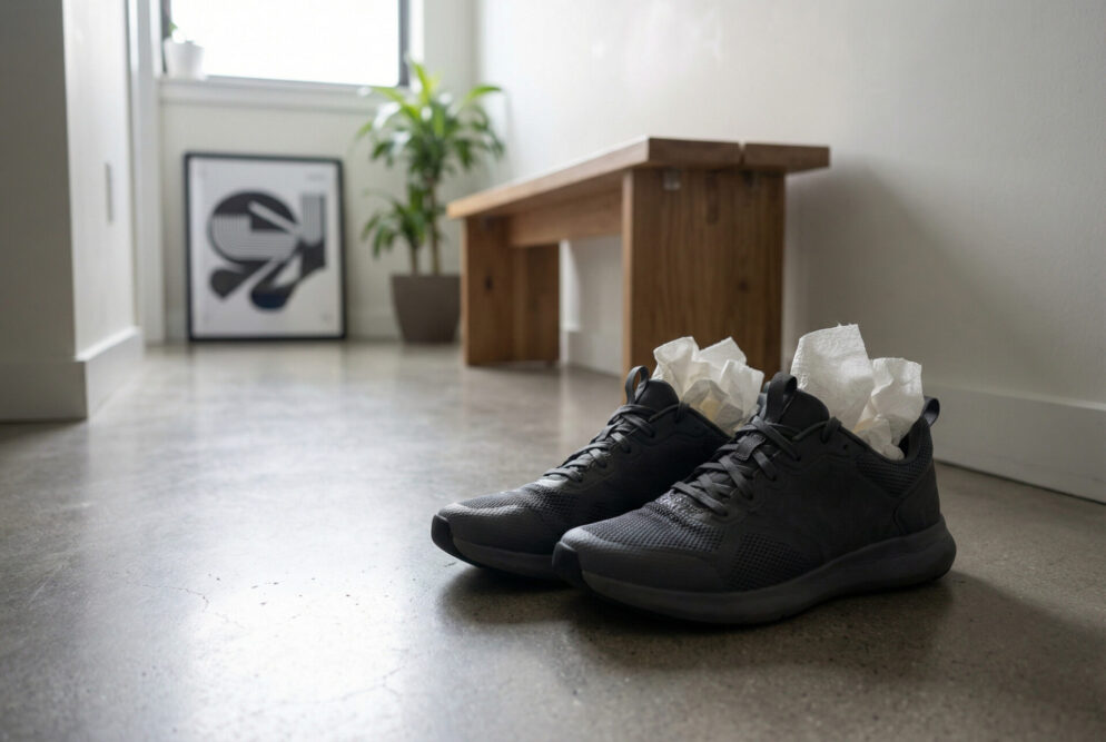 Nasse Schuhe trocknen ohne Heizung: schwarze Sneaker stehen im Flur auf Betonboden und sind mit Papier ausgestopft.