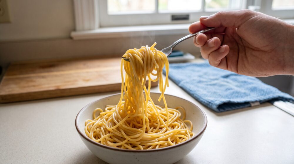 Eine Hand hebt mit einer Gabel abgekühlte Spaghetti an, die als kompakter Klumpen aneinanderhaften.