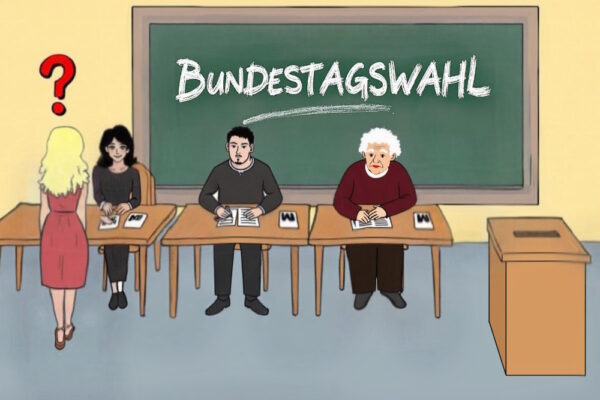 In einem Klassenzimmer sitzen drei Wahlhelfer vor einer Tafel mit der Aufschrift „Bundestagswahl“. Eine Frau mit Fragezeichen über dem Kopf wendet sich unsicher an den ersten Helfer, als wolle sie ohne Personalausweis wählen. Rechts steht eine Wahlurne.