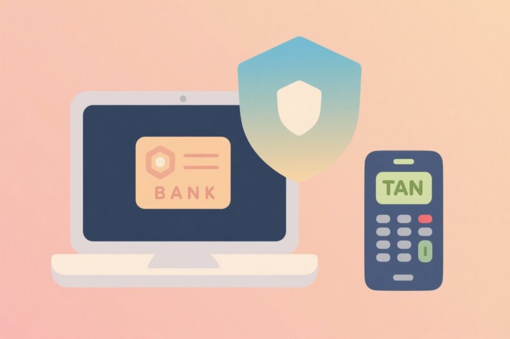 Online Banking ohne Smartphone: Laptop mit Bankportal und separatem TAN-Generator, schlicht illustriert