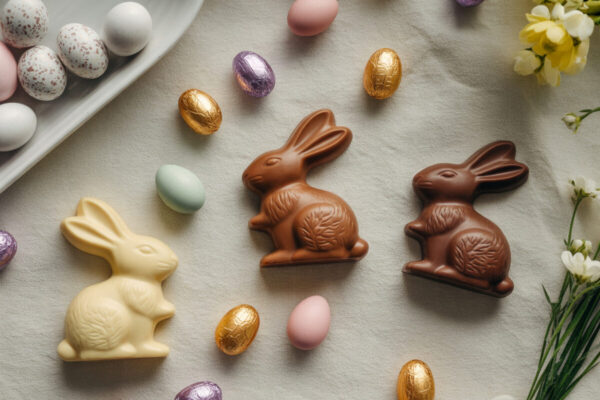 Ostersüßigkeiten als Flatlay: Schoko-Osterhasen und bunte Ostereier auf hellem Stoff mit Frühlingsblumen dekoriert.