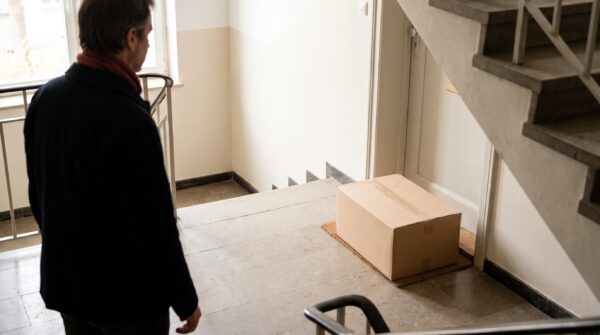 Geschlossener Versandkarton vor einer Wohnungstür im gemeinschaftlichen Hausflur