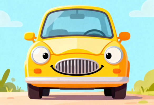 Gelbes Cartoonauto von vorn, dessen Scheinwerfer und Kühlergrill wie ein lachendes Gesicht wirken