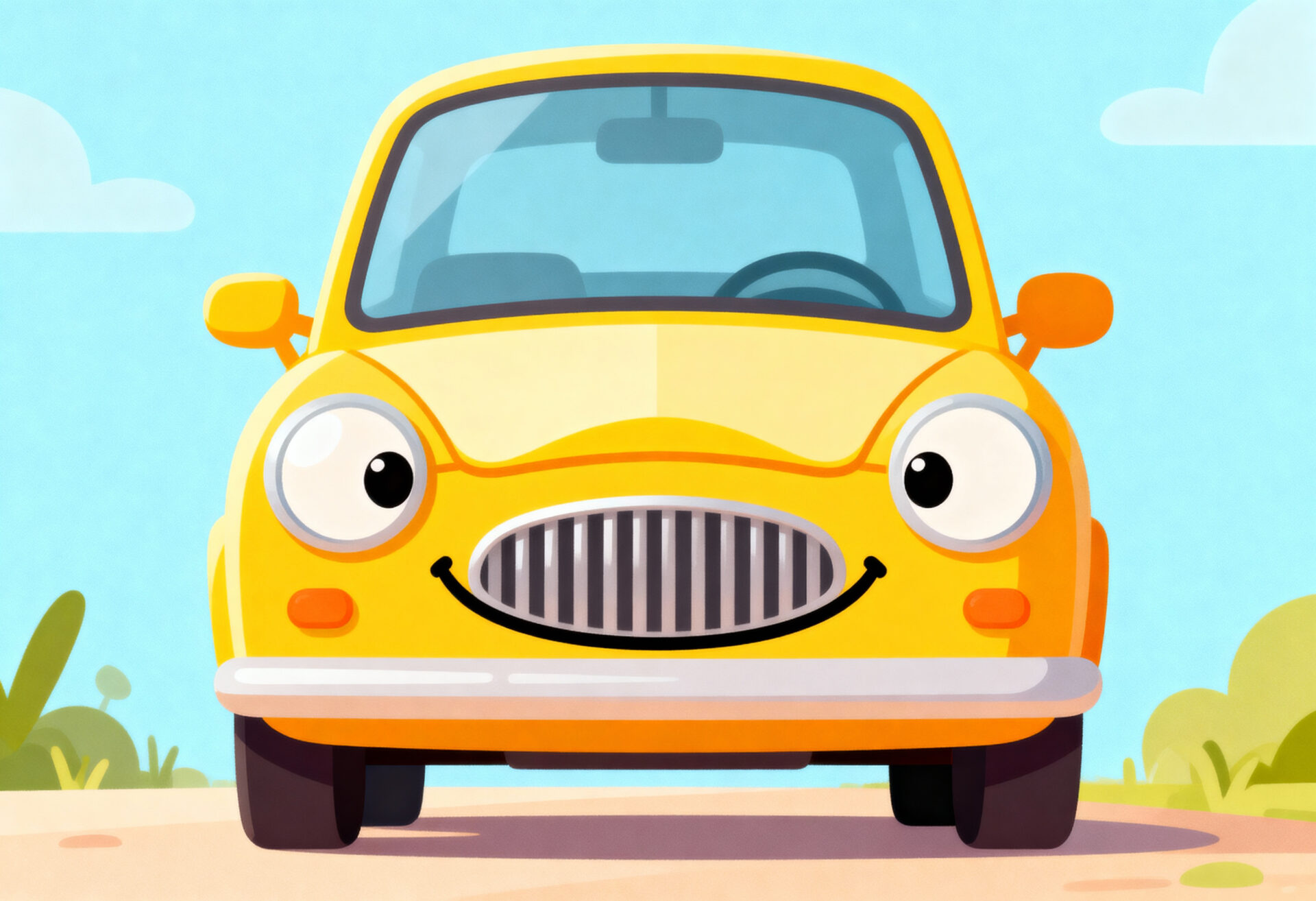Gelbes Cartoonauto von vorn, dessen Scheinwerfer und Kühlergrill wie ein lachendes Gesicht wirken