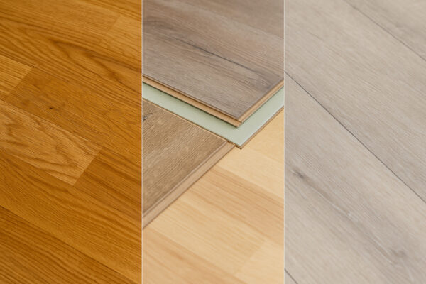 Vergleich von drei Bodenbelägen im Foto nebeneinander – links Parkett aus Holz, in der Mitte Laminat in Holzoptik, rechts Vinylboden als moderne Alternative.