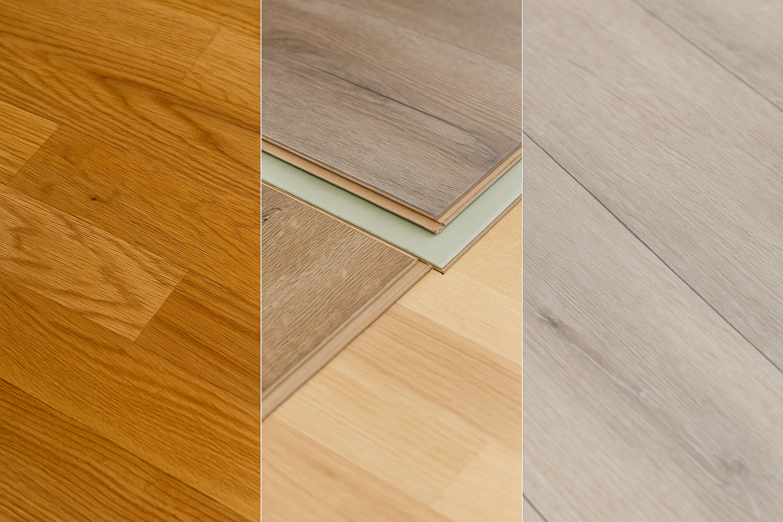 Vergleich von drei Bodenbelägen im Foto nebeneinander – links Parkett aus Holz, in der Mitte Laminat in Holzoptik, rechts Vinylboden als moderne Alternative.