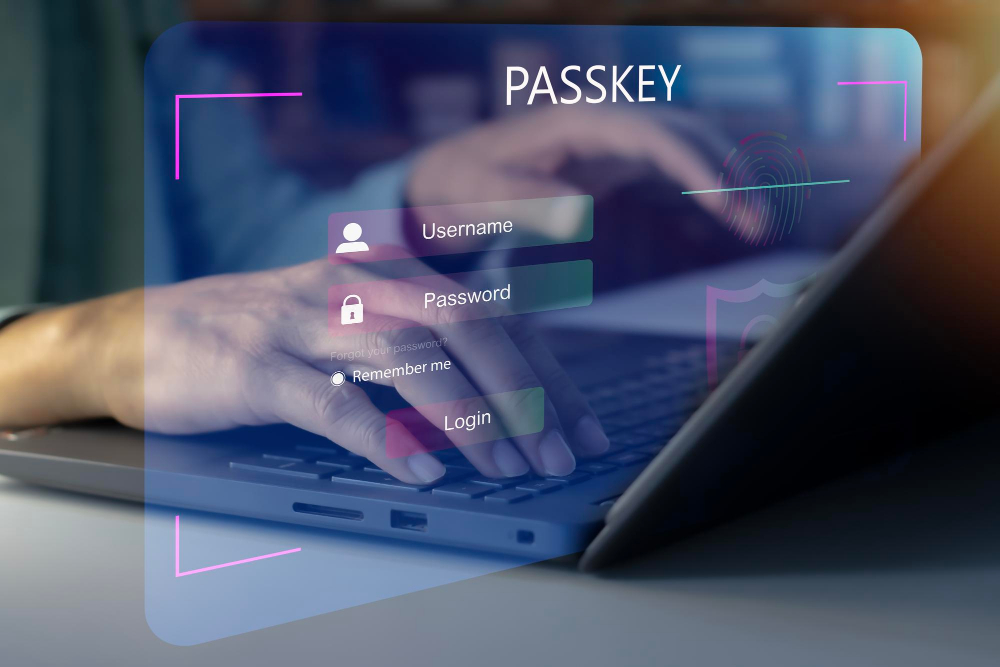 Hände tippen auf Laptop mit Passkey-Login, Benutzername, Passwort, Fingerabdruck