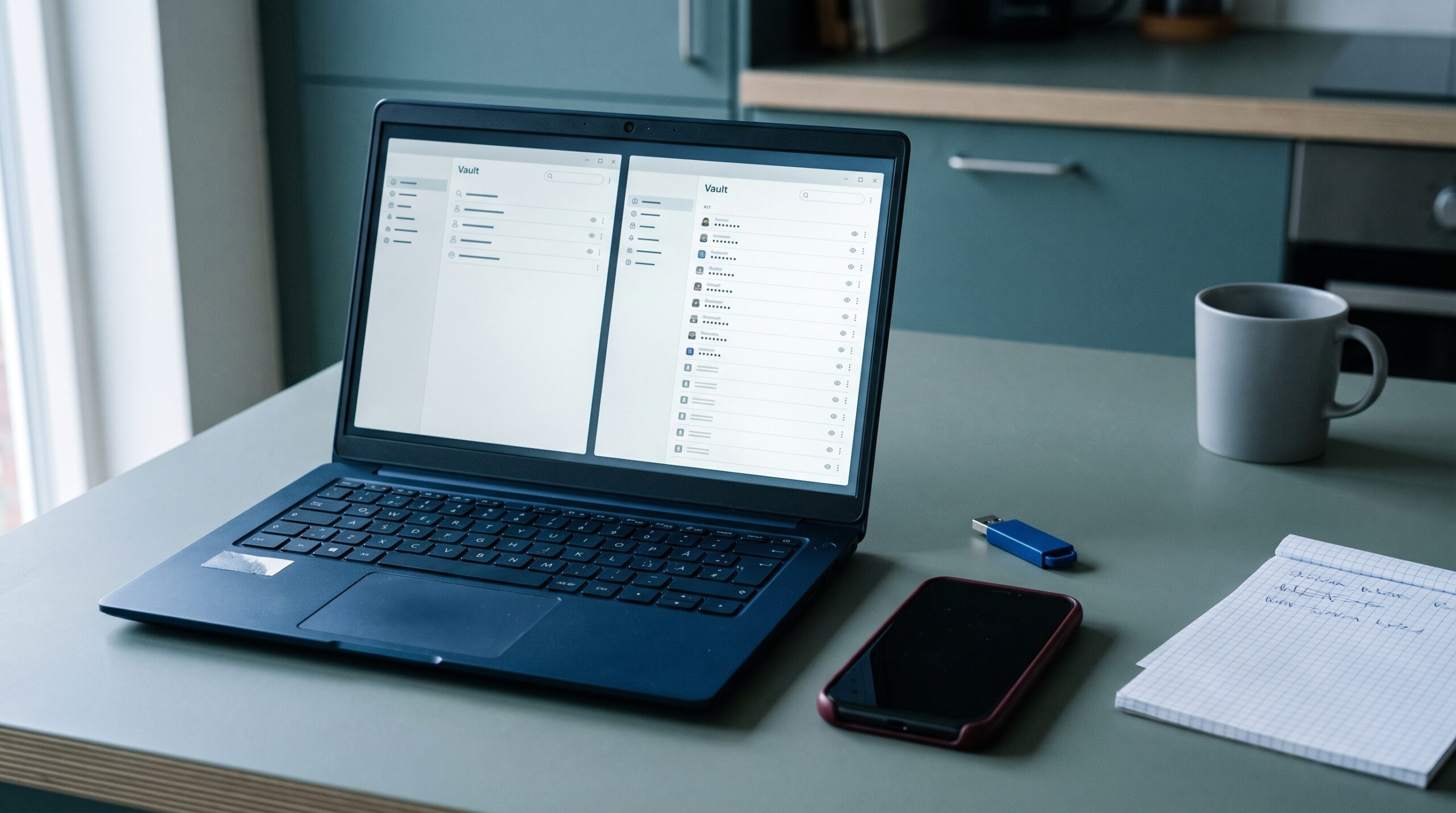 Notebook mit zwei geöffneten Passworttresoren neben Smartphone und USB-Stick