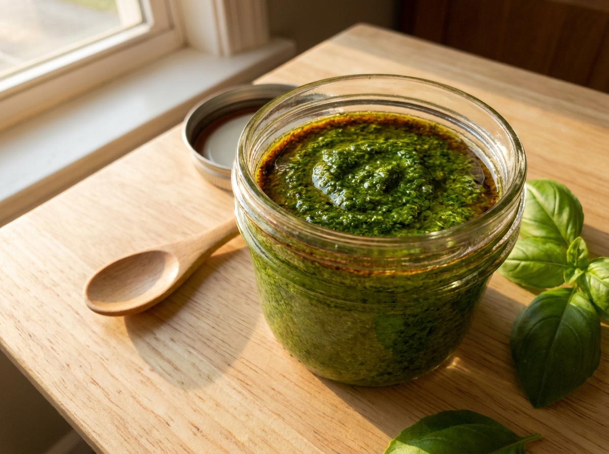 Glas mit grünem Basilikumpesto und schmalem braunem Rand an der Oberfläche