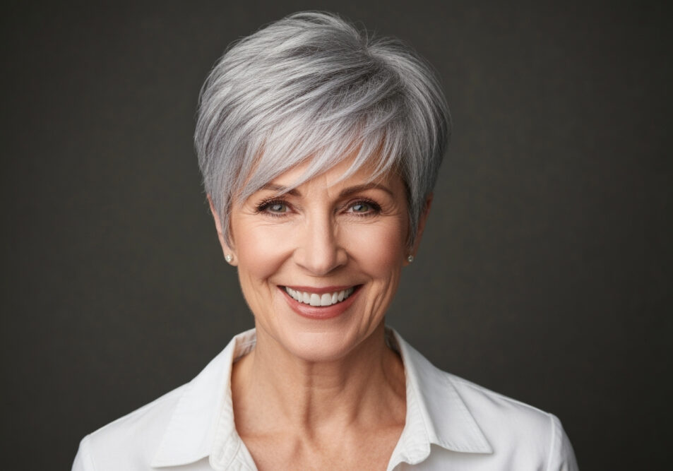 Peppige Frisuren für Frauen ab 50: Frau mit silbernem Pixie Cut, die fröhlich lacht