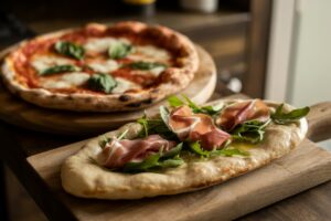 Eine frisch gebackene Pinsa mit Rucola und Prosciutto liegt auf einem Holzbrett im Vordergrund, dahinter eine klassische Pizza Margherita mit Basilikum auf einem runden Holzbrett.