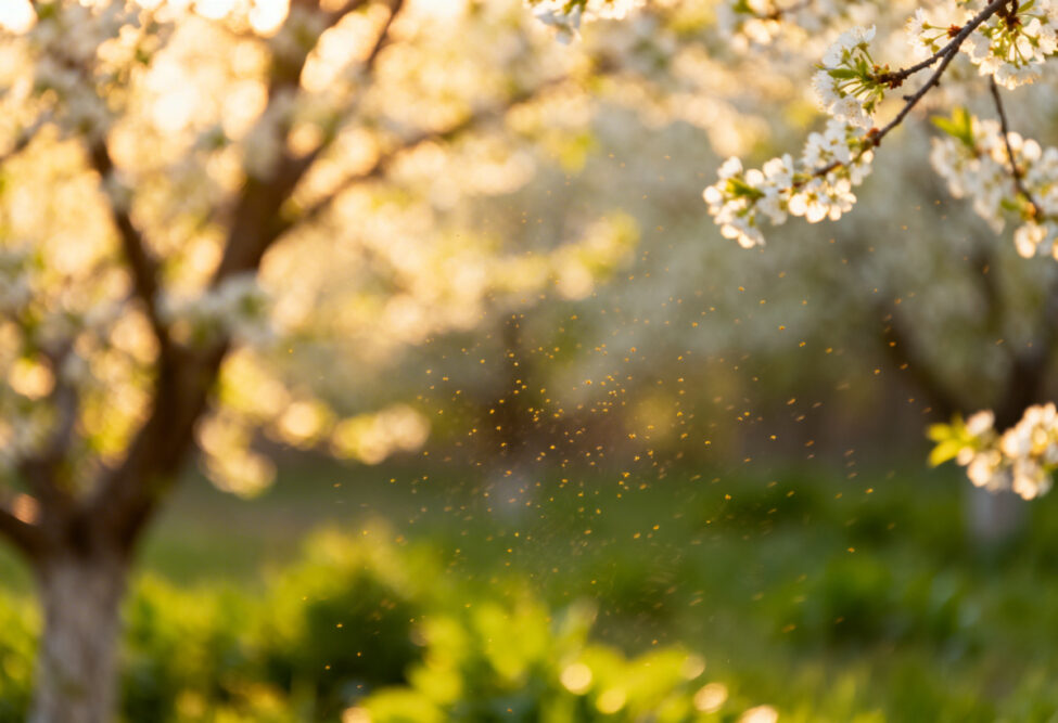 Pollenflug 2026 mit sichtbaren Pollen in der Luft zwischen blühenden Ästen im Frühlingslicht