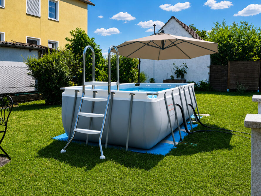 Aufstellpool im Garten mit Leiter, Sonnenschirm und Rasen als Ausgangspunkt für Pool-Verkleidungsideen