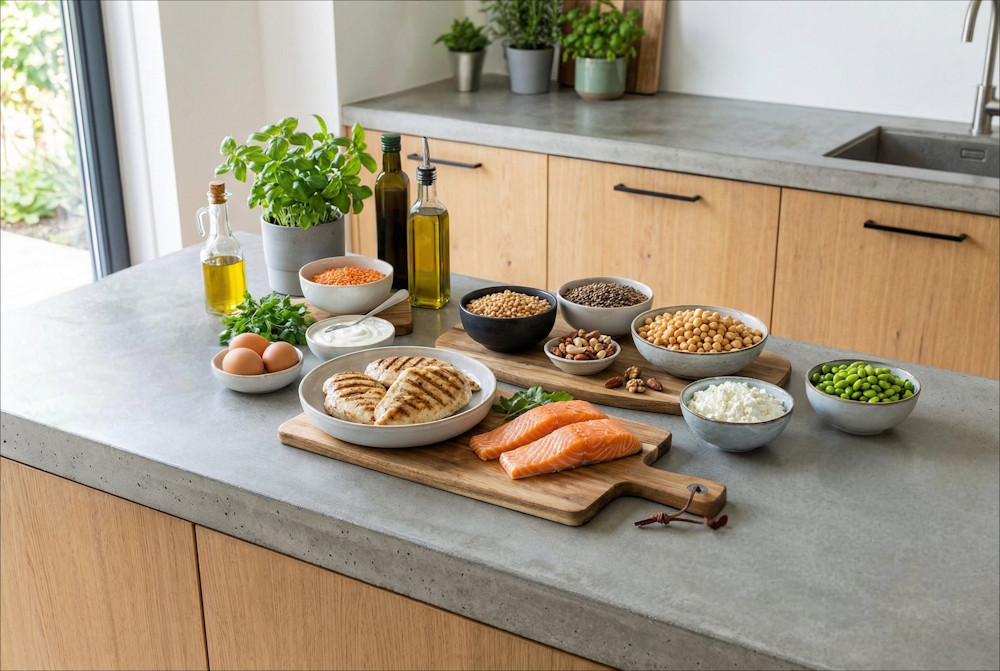 Proteinreiche Lebensmittel auf einer Küchenarbeitsplatte – Ideen, wie du im Alltag mehr Protein ohne Shakes einbaust