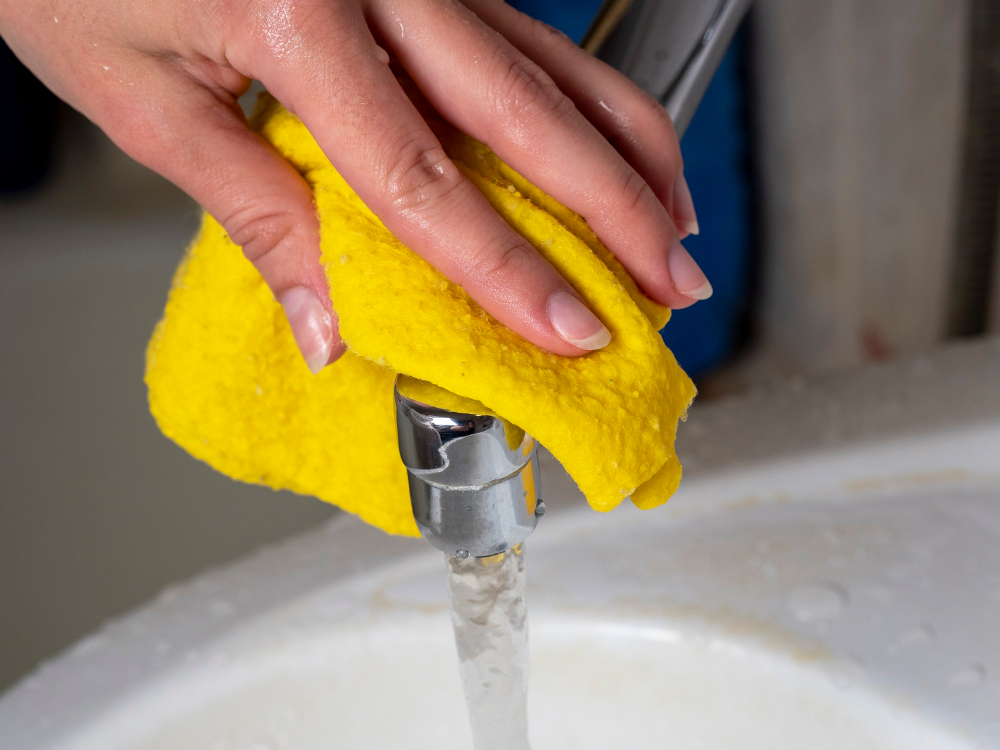 Hand reinigt eine Armatur mit einem gelben Tuch unter laufendem Wasser