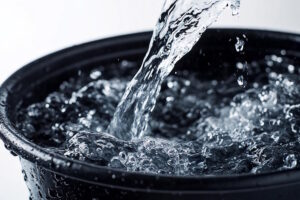 Eine Nahaufnahme von klarem, frischem Wasser, das schwungvoll in einen dunklen Eimer gegossen wird, als Symbol für die Reinigungskraft beim Putzen nur mit Wasser.