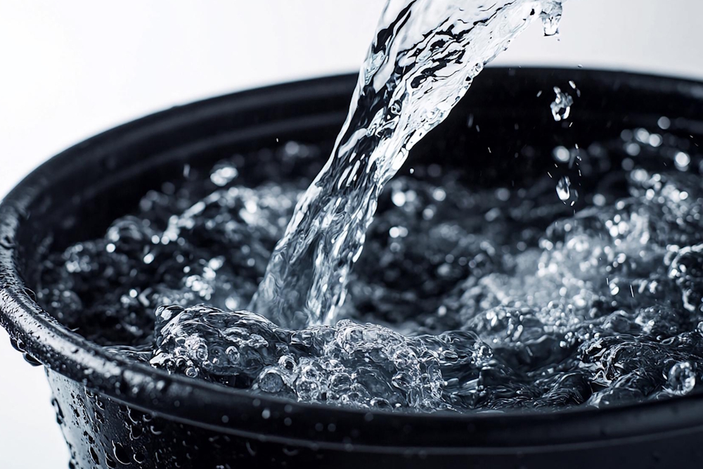 Eine Nahaufnahme von klarem, frischem Wasser, das schwungvoll in einen dunklen Eimer gegossen wird, als Symbol für die Reinigungskraft beim Putzen nur mit Wasser.