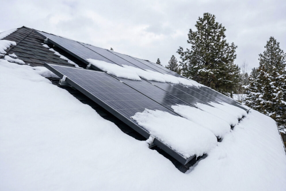 Photovoltaikanlage auf einem Hausdach, deren Solarmodule teilweise von Schnee bedeckt sind